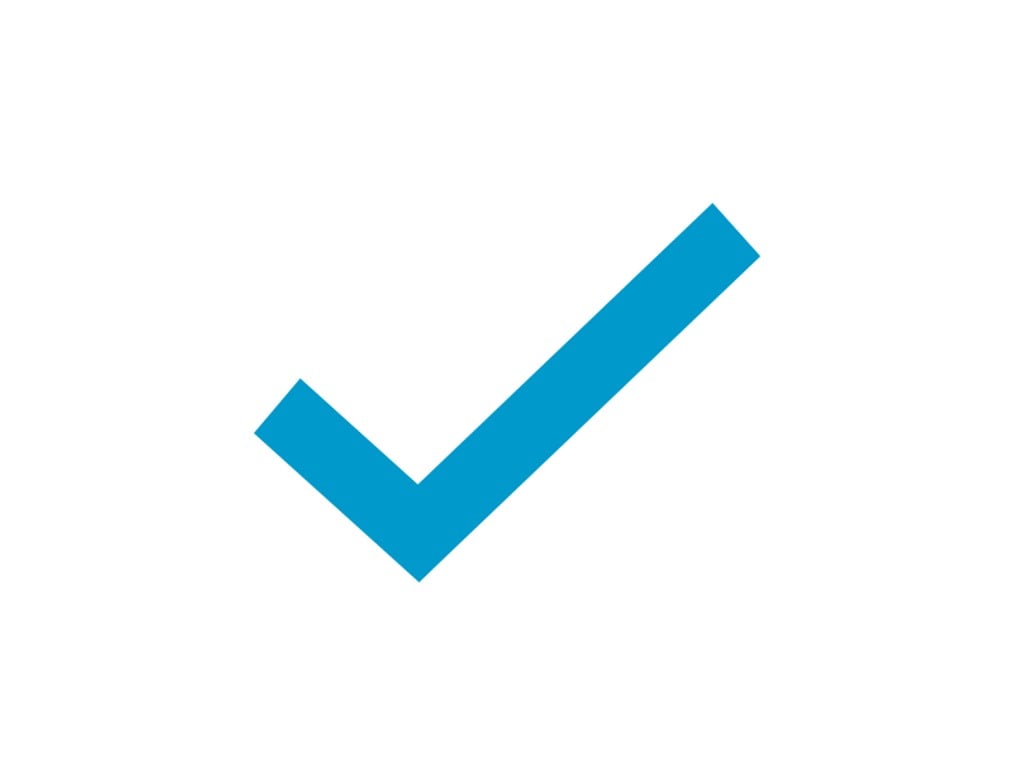 En blå checkmarkering på vit bakgrund.