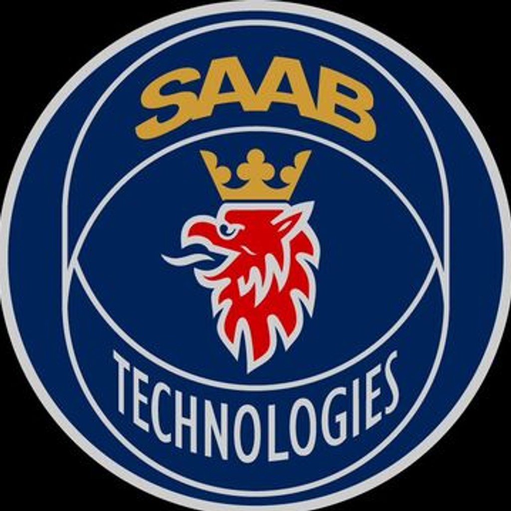 Saab technologies logotyp på svart bakgrund.