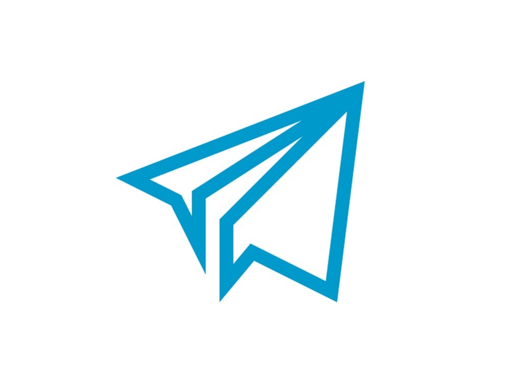 En blå pappersflygplanslogotyp på en vit bakgrund.