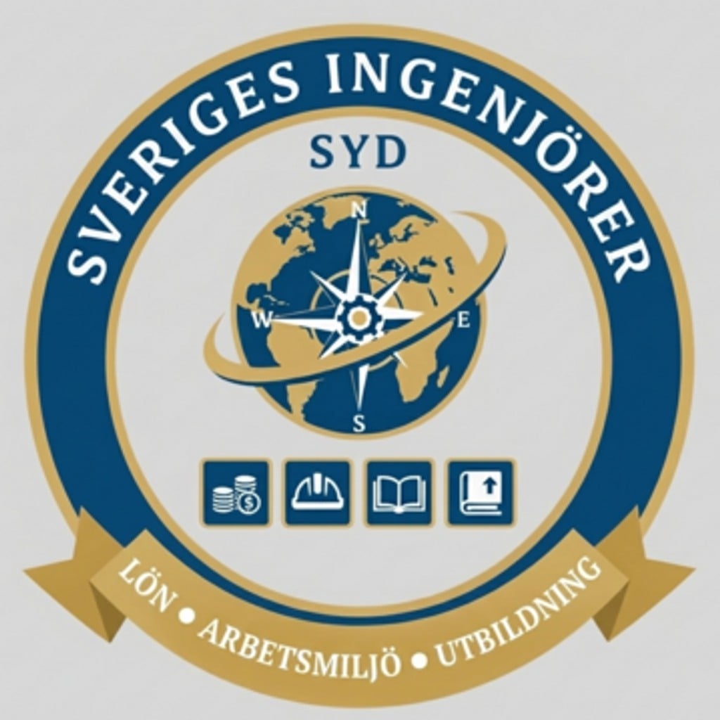 Ett blått och guldfärgat emblem med en jordglob och en kompass.